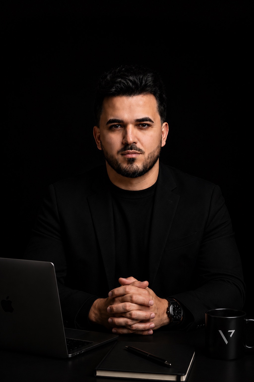 Victor Pimentel em postura de consultor com notebook, caderno e caneca