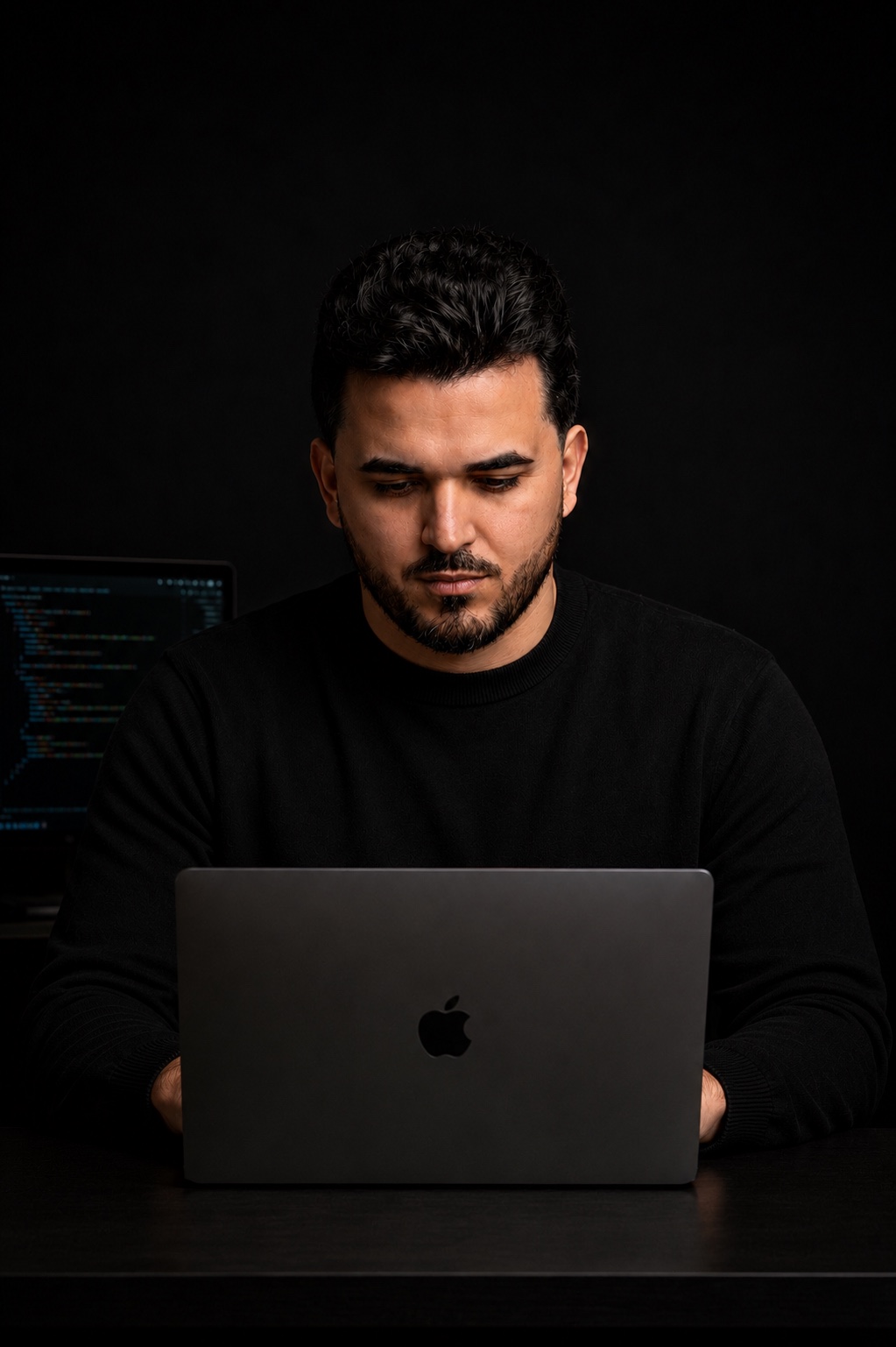 Victor Pimentel usando notebook em ambiente escuro